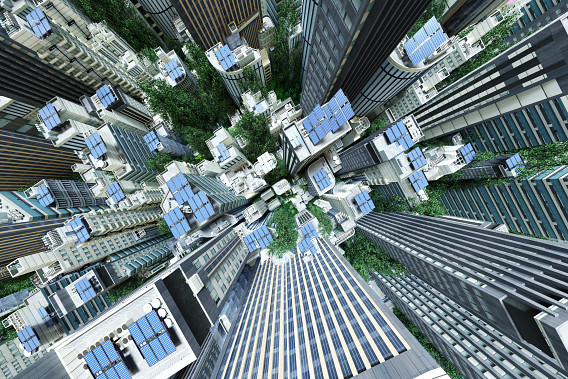 overhead view of city buildings