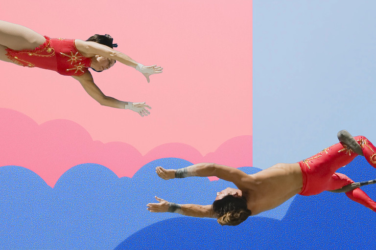 A vibrant image depicting two acrobats in mid-air, showcasing a dynamic aerial performance. One is dressed in a red costume with intricate designs, while the other is also in a matching outfit. They are reaching toward each other, set against a colorful background of soft pink and blue gradients with stylized clouds.