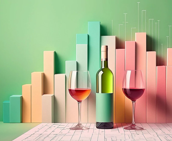 a wine bottle next to a glass of rosé and a glass of red wine, in front of a colorful bar graph